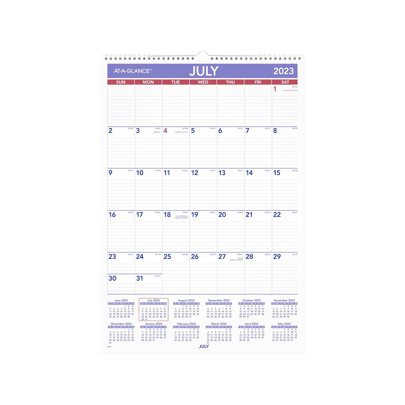 2023-2024 AT-A-GLANCE 15.5 x 22.81 Academic Monthly Wall Calendar, White/Purple/Red (AY3-28-24)