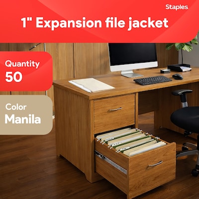 Staples File Jacket, 1 Expansion, Letter Size, Manila, 50/Carton (TR541092)