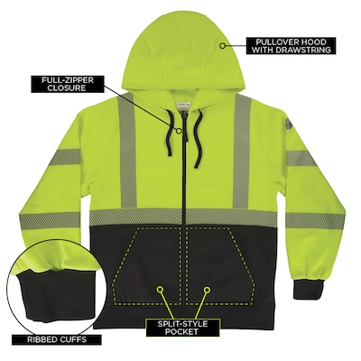GloWear 8318BK High Visibility Long Sleeve Black Bottom Hooded Zip-Up Sweatshirt, ANSI Type R Class 3, Lime, 4XL (23068)