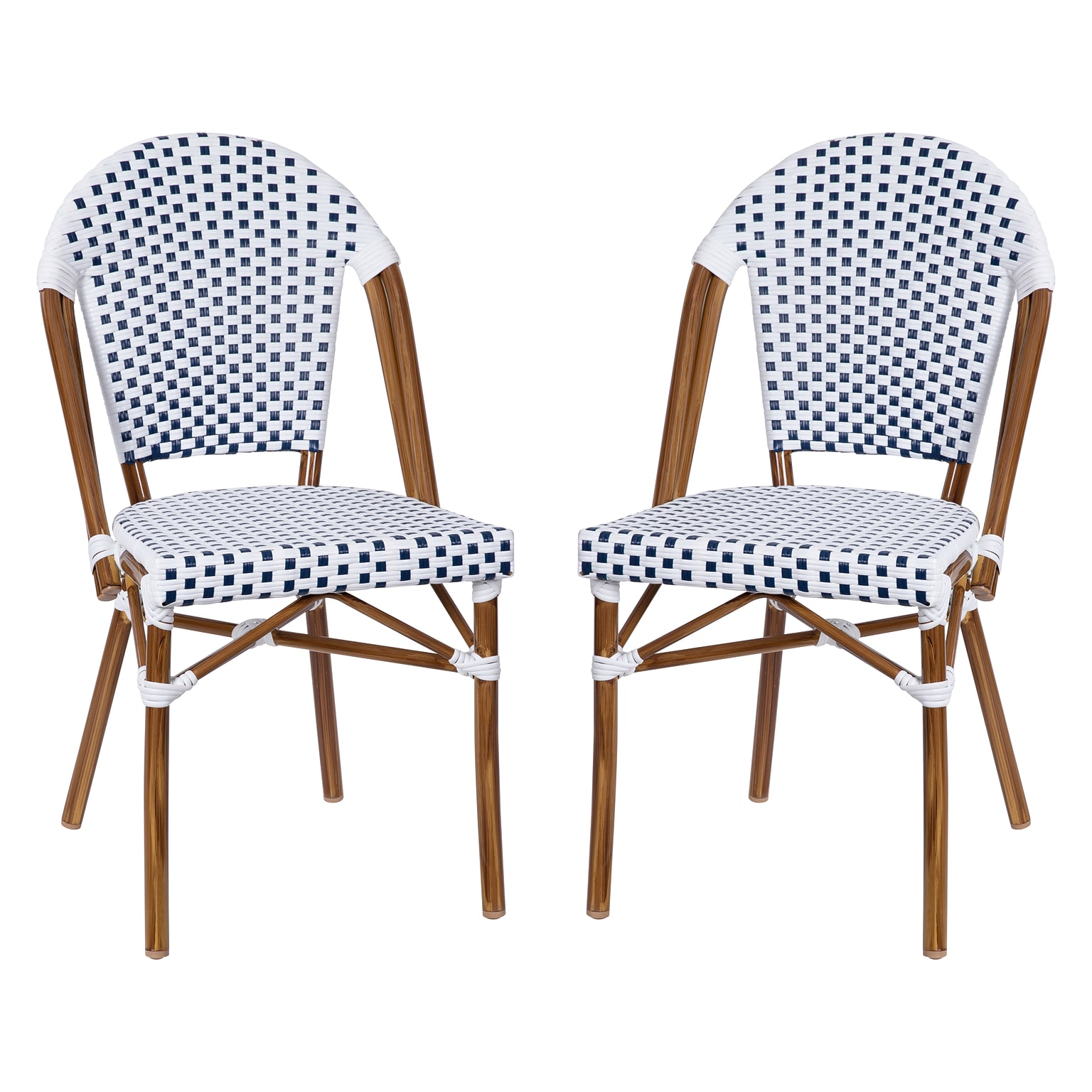 Flash Furniture Lourdes Contemporary Aluminum and PE Rattan Bistro Stack Chairs, White/Navy/Natural, Set of 2 (2SDA6421FWHNVNT)