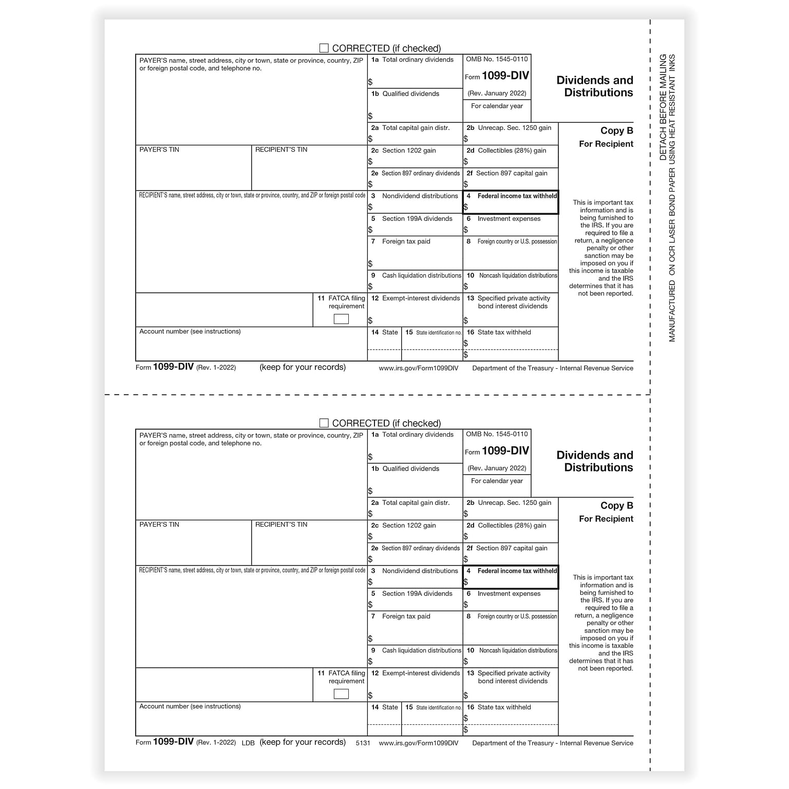 ComplyRight® 2023 1099-DIV Tax Form, Recipient Copy B, 2-Up, 50/Pack (513150)