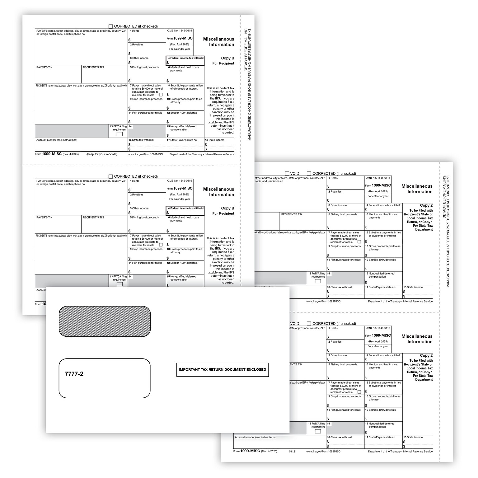 ComplyRight 2026 1099-MISC Tax Form Envelopes and Recipient Copy Only, 3-Part, 2-Up, Copy B, C/2, 50/Pack (6113E)
