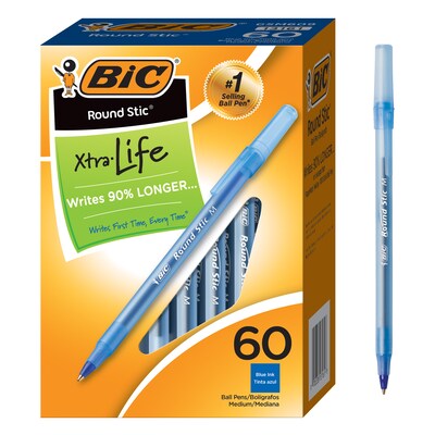 BIC Round Stic Xtra-Life Ballpoint Pen, Medium Point, 1.0mm, Blue Ink, 60/Pack (GSM609BE) | Quill