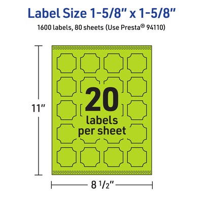 Avery Decorative Edge Multipurpose Labels, 1-5/8" x 1-5/8", Bright Green, 1600/Box (94110)