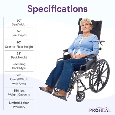ProHeal Chariot Reclining 20" Wheelchair, Headrest Support w/ Removable Full Arms, 350 lb. Capacity, Black (PH-WCRC20FAELR)