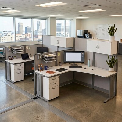 Regency Instant Office 63H x 129W 2 Person L-Shaped Cubicle Panel Workstation with Storage, Pure White (IO008WH)