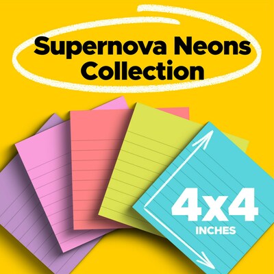 Post-it Super Sticky Notes, 4" x 4", Supernova Neons Collection, Lined, 90 Sheet/Pad, 6 Pads/Pack (675-6SSMIA)