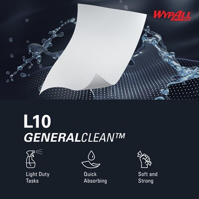 WypAll GeneralClean L10 Fabric Cleaning Wipers, 10.25" x 9", White, 250 Wipers/Box (42346)