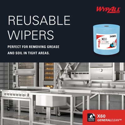 WypAll GeneralClean X60 Jumbo Fabric Cleaning Wipers, 13.4" x 12.5", Blue, 1100 Sheets/Roll, 1100 Wipers/Box (34965)