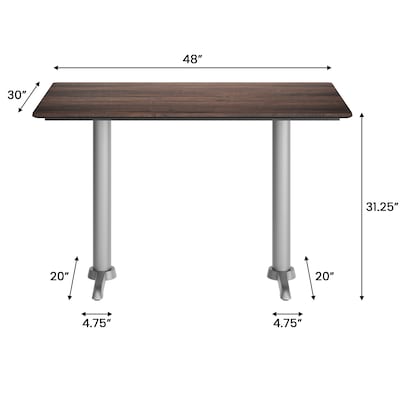 Flash Furniture Acadia Wooden Dining Table with T-Bases, 30"D x 48"W, Dark Brown/Silver Base (ST3048WBRT0522S)