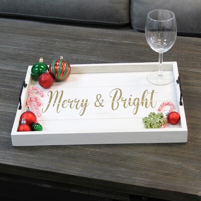 Elegant Designs "Merry & Bright" Decorative Wood Serving Tray w/ Handles, 15.50" x 12", White Wash (HG2000-WMB)