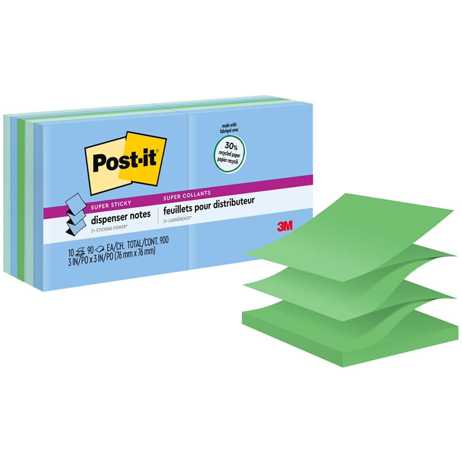 Post-it Recycled Super Sticky Pop-up Notes, 3 x 3, Oasis Collection, 90 Sheet/Pad, 10 Pads/Pack (R33010SST)