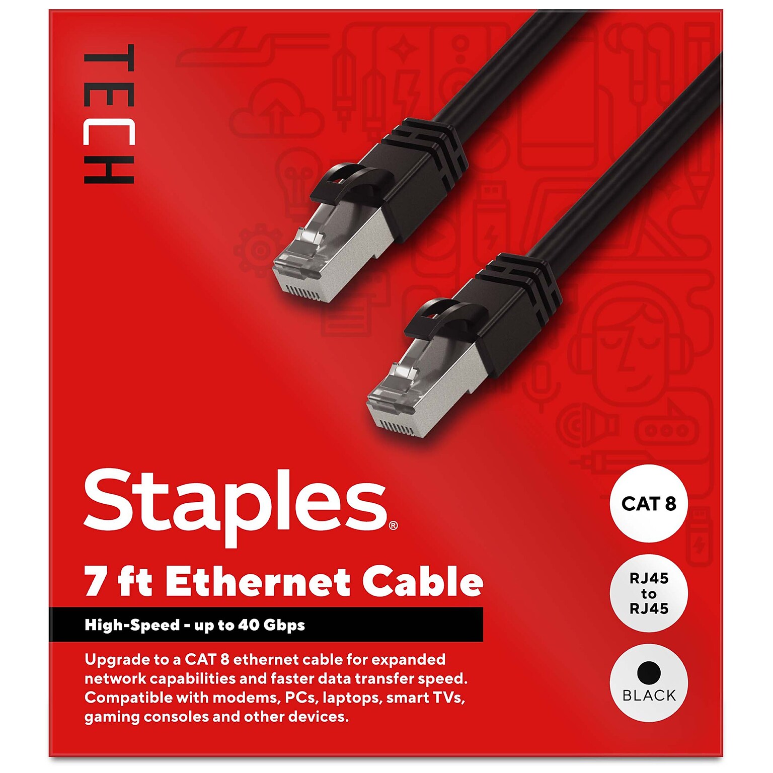 Staples TECH 7 ft. Cat-8 Ethernet Cable, Male to Male, Black (ST62463)
