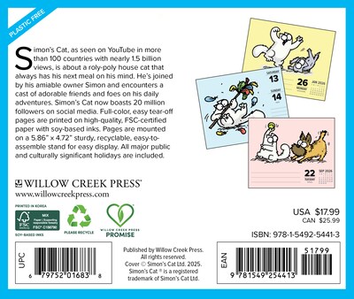 2026 Willow Creek Simons Cat 6.2 x 5.4 Day-to-Day Calendar (54413)