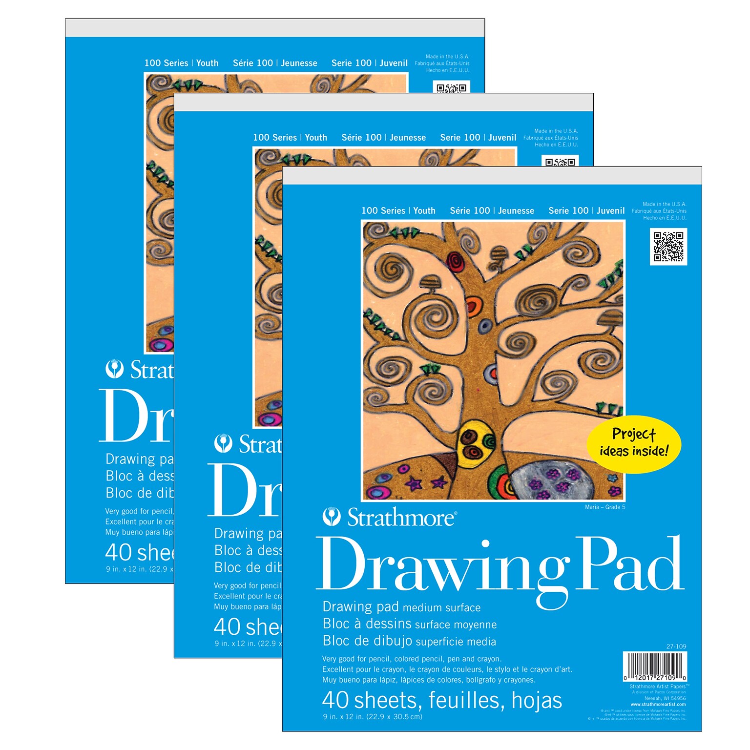 Strathmore 100 Series 9 x 12 Drawing Sketch Pad, 40 Sheets/Pad, 3/Bundle (STTP271091-3)