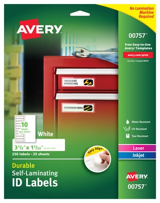 Avery Laser/Inkjet Self-Laminating ID Labels, 1-1/32 x 3-1/2, White, 10 Labels/Sheet, 25 Sheets/Pa