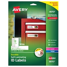 Avery Laser/Inkjet Self-Laminating ID Labels, 1-1/32 x 3-1/2, White, 10 Labels/Sheet, 25 Sheets/Pa