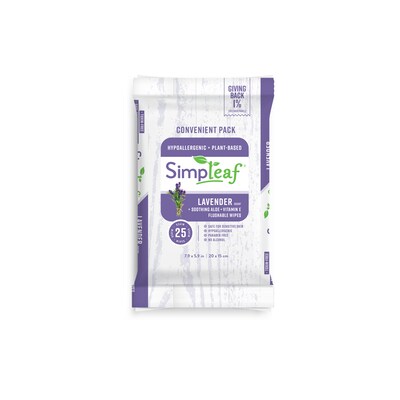 Simpleaf Lavender Scented Flushable Wipes, 25 Single Wipes/Pack, 12 Packs/Box (S-003-12pack)