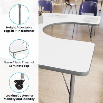 Flash Furniture Wren Horseshoe Activity Table, 66" x 60", Height Adjustable, White Top/Silver Frame (XUA6066HRSEWTAC)