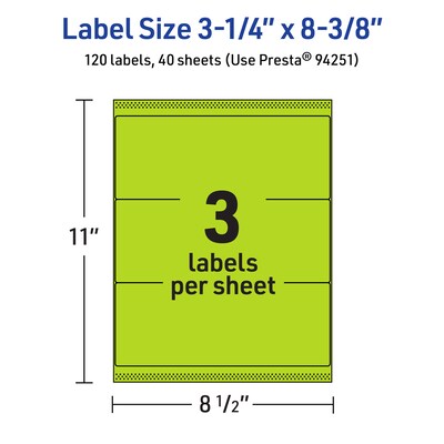 Avery Laser/Inkjet Multipurpose Rectangle Labels, 3-1/4" x 8-3/8", Bright Green, 120/Pack (94251)