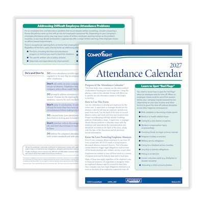 ComplyRight 2027 Attendance Calendar Set, 200 Forms/Pack (A1411W16PK200)