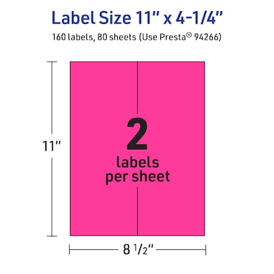 Avery Rectangle Laser/Inkjet Multipurpose Labels, 11" x 4.25", Neon Magenta (160/Box)