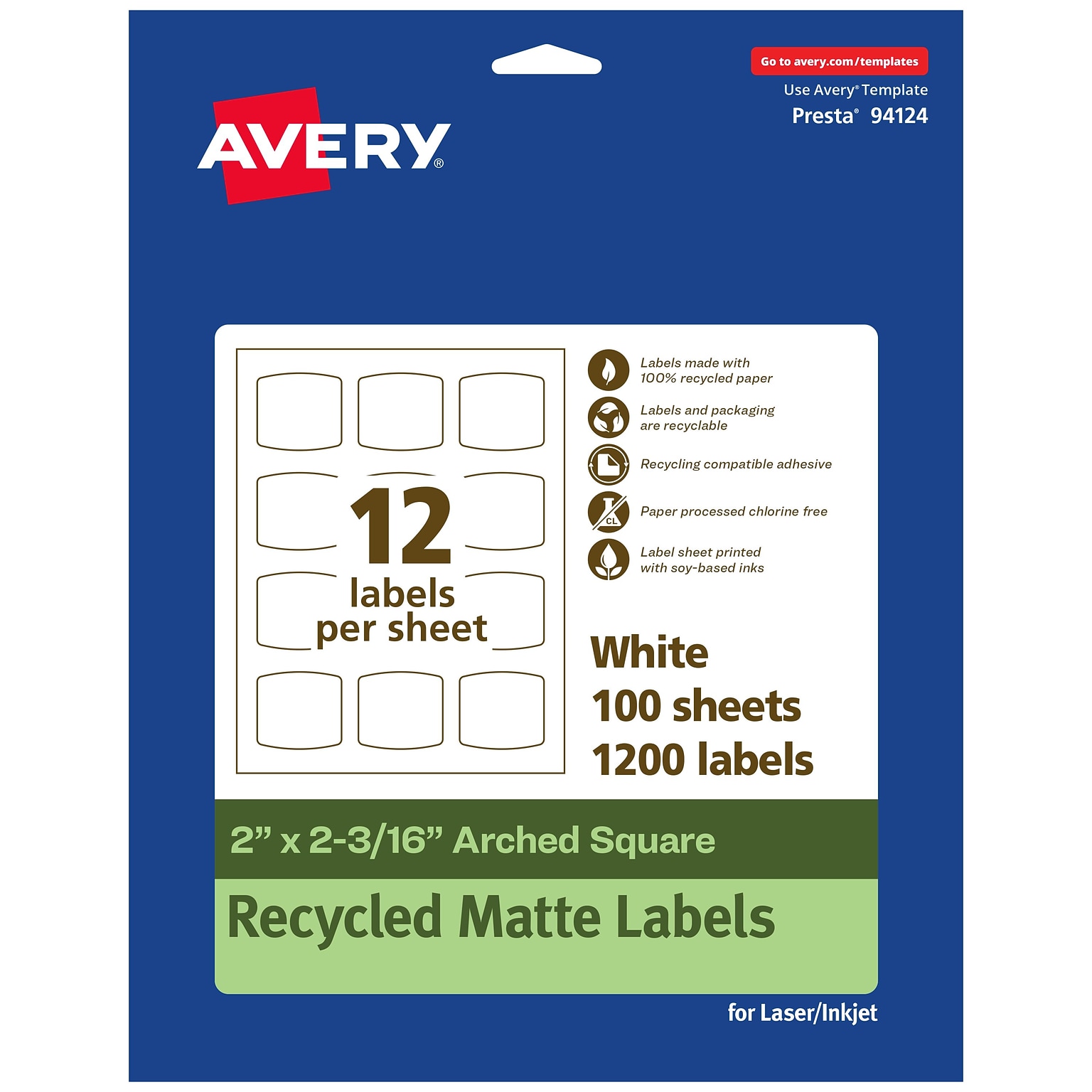 Avery EcoFriendly Laser/Inkjet Square Multipurpose Labels, 2 x 2-3/16, White, 1200/Box (94124)