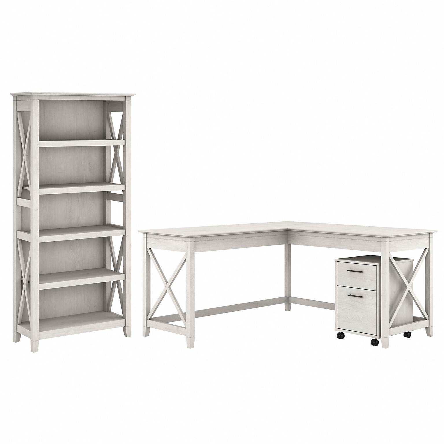 Bush Furniture Key West 60W L Shaped Desk with 2 Drawer Mobile File Cabinet and 5 Shelf Bookcase, Linen White Oak (KWS016LW)