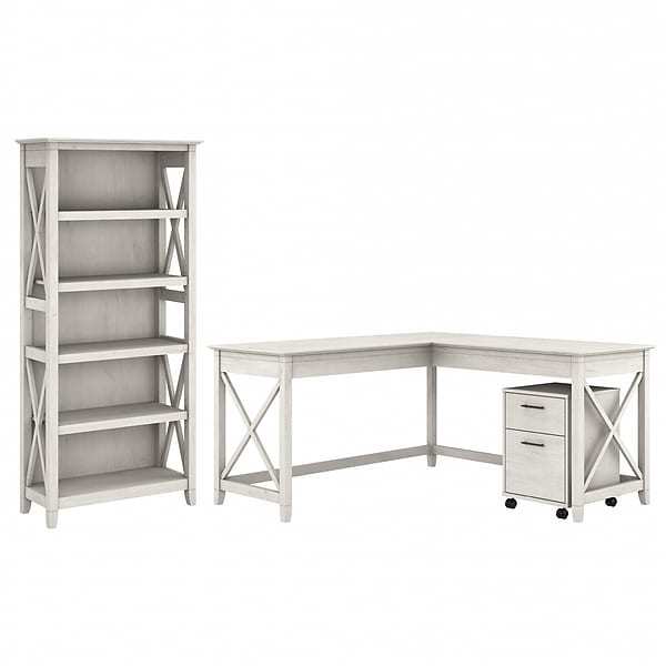 Bush Furniture Key West 60 L-Shaped Desk with 2 Drawer Mobile File Cabinet and 5 Shelf Bookcase, Linen White Oak (KWS016LW)