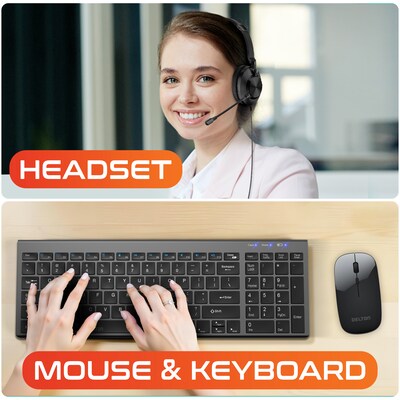 Delton N36 Wireless Keyboard Mouse and USB-A/USB-C Noise-Cancelling Computer Headset Bundle, Black (DKMN36KT1)