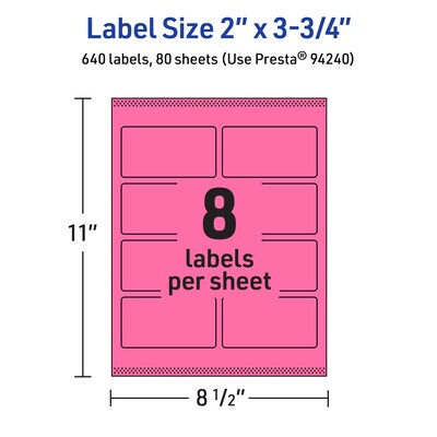 Avery Laser/Inkjet Rectangle Multipurpose Labels, 2" x 3.75", Bright Pink, 640/Box (94240)