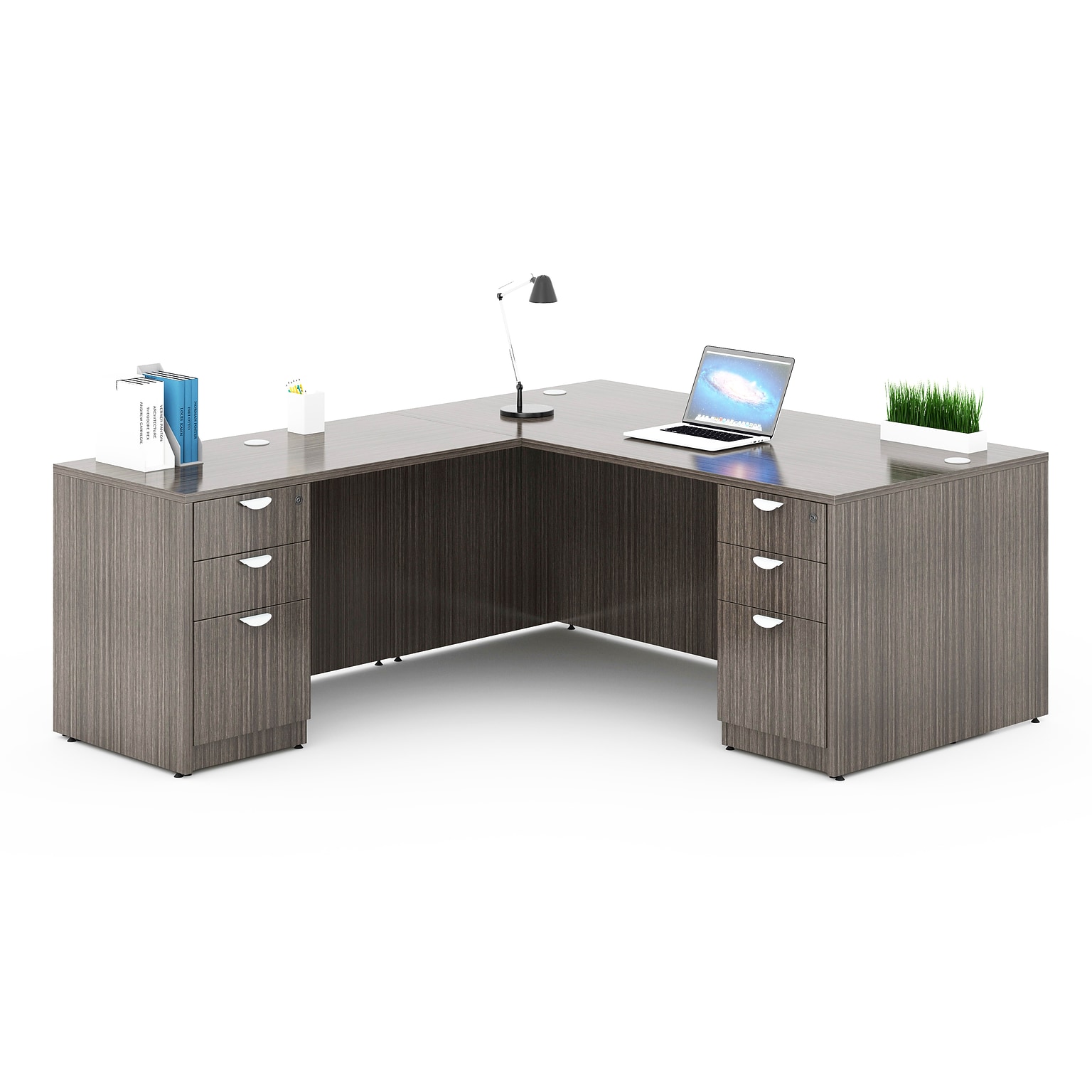 Boss Office Products 71W L-Shaped Executive Corner Desk with Dual Box/Box/File Storage Pedestals, Driftwood (GROUPA11-DW)
