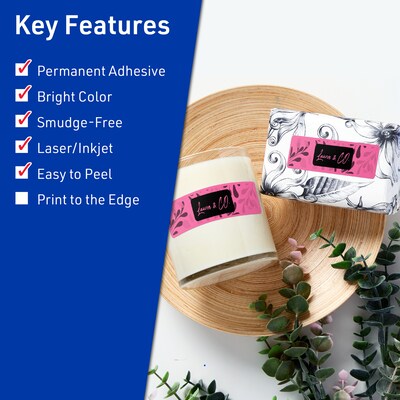 Avery Laser/Inkjet Rectangle Multipurpose Labels, 1-1/3" x 4", Bright Pink, 280/Pack (94206)