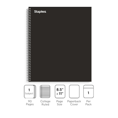 Staples® Premium 1-Subject Subject Notebooks, 8.5" x 11", College Ruled, 100 Sheets, Black (TR58355M-CC)