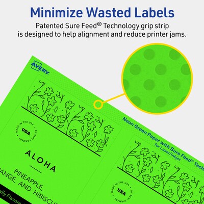Avery Laser/Inkjet Multipurpose Rectangle Labels, 5" x 3.5", Neon Green, 40/Pack (94256)