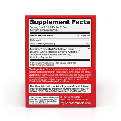 Rejuvenate Muscle Activator Drink Mix Sticks, Single Serving Protein Powder Packets to Go - Raspberry Burst, 30 Count