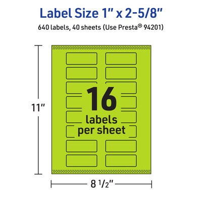 Avery Printable Rectangle Multipurpose Labels, 1" x 2-5/8", Bright Green, 640/Pack (94201)