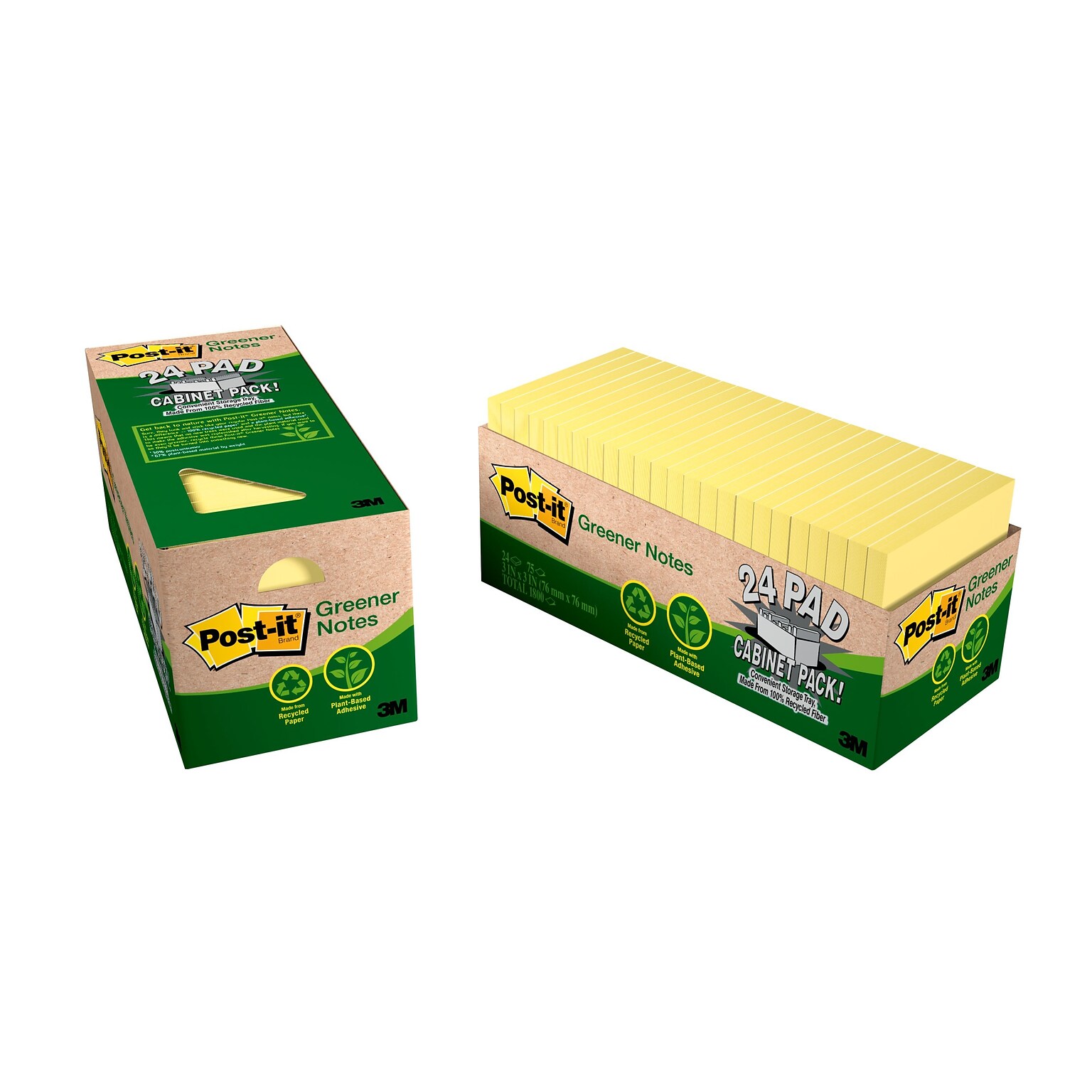 Post-it Greener Notes, 3 x 3, Canary Yellow, 75 Sheets/Pad, 24 Pads/Pack (654R-24CP-CY)