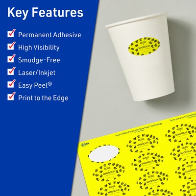 Avery Oval Laser/Inkjet Multipurpose Labels, 1-1/8 x 2-1/4, Neon Yellow (420/Pack)