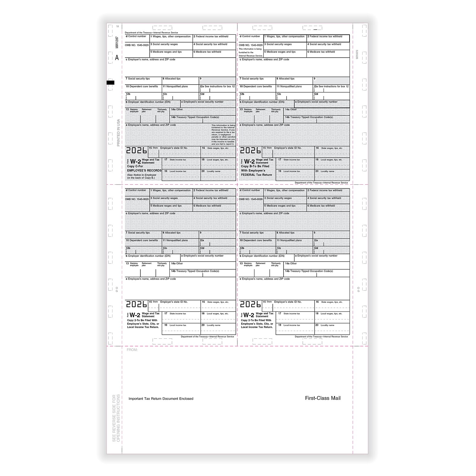 ComplyRight 2026 W-2 Tax Form, Employee Copy B, C, 2, and 2 For City/Local, 4-Up (Box), EZ-Fold Simplex, 14, 500/Pack (5224B)