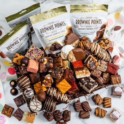 All Things Sweet Basket includes Baby brownies, Bruffles, Cookies, Pretzels, and Schmurtles