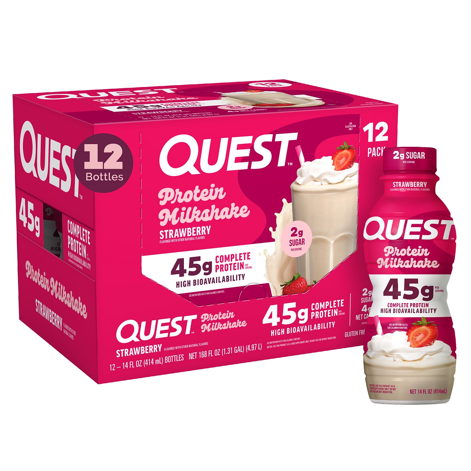 Quest Strawberry Protein Milkshake, 14 oz., 12 Bottles/Carton (QRTDHPST12M1)