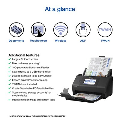 Epson WorkForce ES-580W Wireless Duplex Document Scanner, Black (B11B258201)