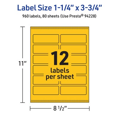 Avery Laser/Inkjet Rectangle Multipurpose Labels, 1.25" x 3.75", Bright Yellow, 960/Box (94228)