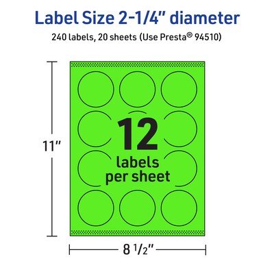 Avery Laser/Inkjet Multipurpose Circle Labels, 2.25" Dia., Neon Green, 240/Pack (94510)