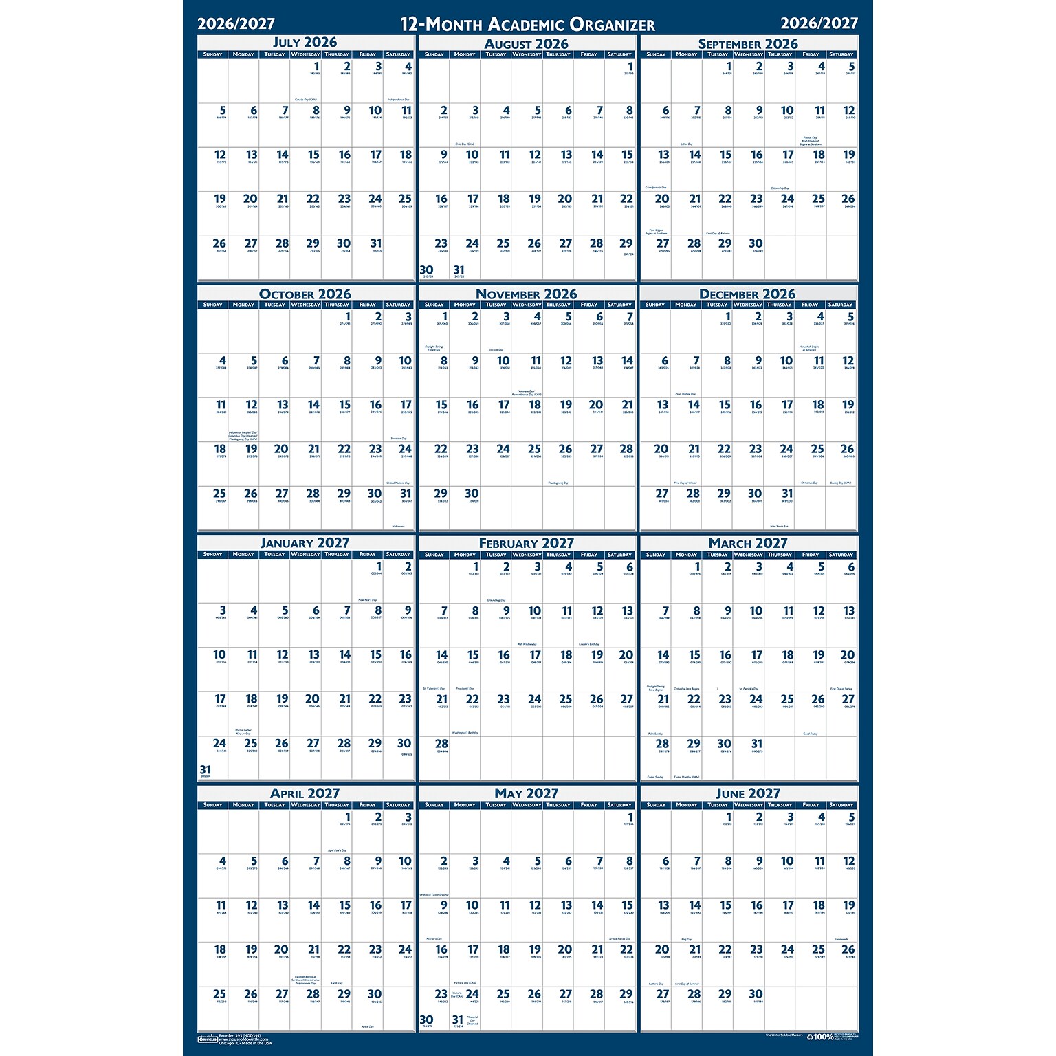2026-2027 House of Doolittle 24 x 37 Academic Yearly Dry Erase Wall Calendar, Reversible, Blue (395-27)