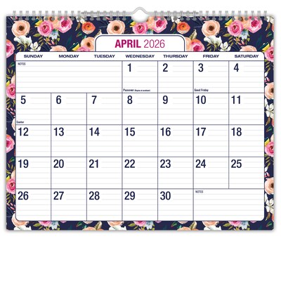 2026-2027 Excello Brands Large Print 12 x 15 Academic Monthly Wall Calendar, Navy Floral (WC-AY26-1215-84)