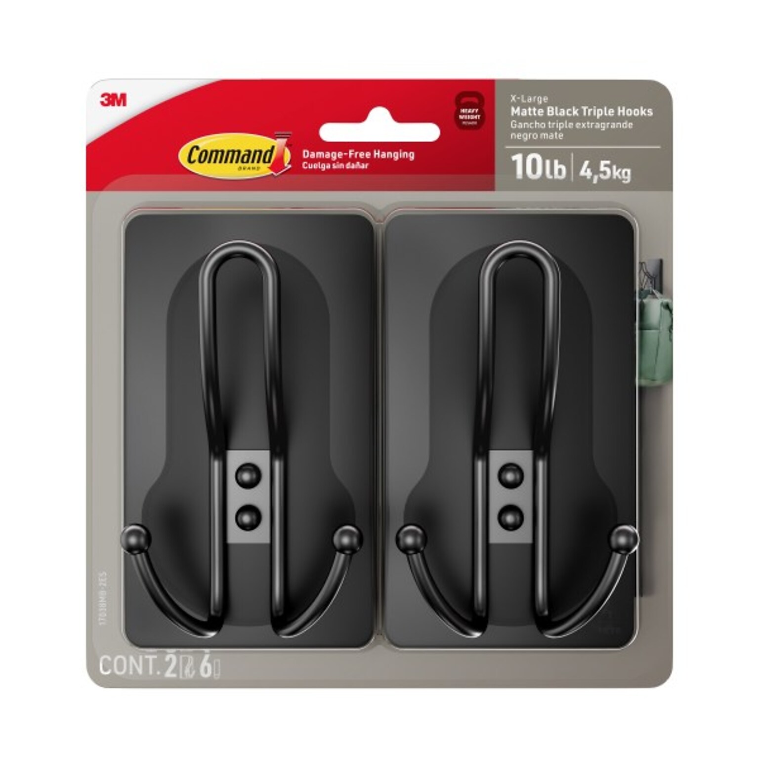 Command Extra Large Hook, 10lb., Black, 2/Pack (17038MB-2ES)