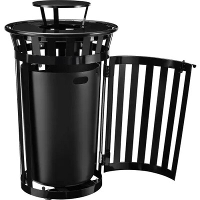 Global Industrial Outdoor Slatted Steel Trash Can w/ Access Door & Rain Bonnet Lid, 36 Gallon, Black