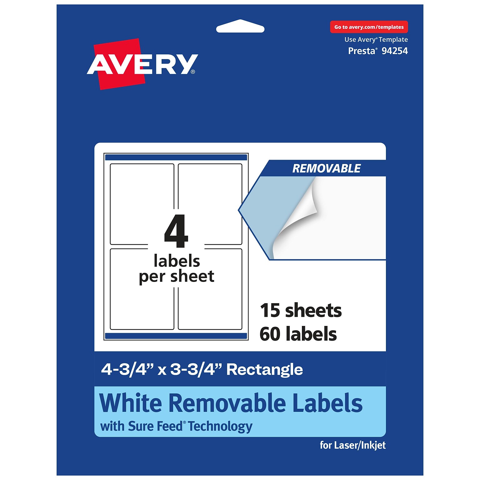Avery Laser/Inkjet Rectangle Multipurpose Labels, 4.75 x 3.75, White, 60 Labels/Pack (94254)